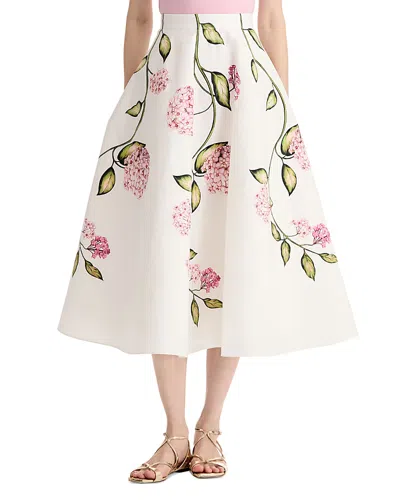 Oscar De La Renta Porcelain Flowers Stretch Cotton Poplin A-line Midi Skirt In White