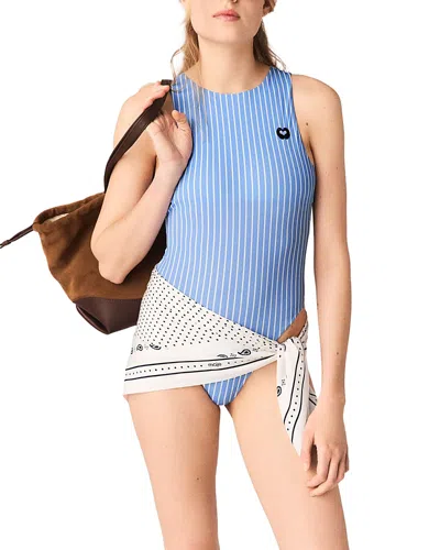Maje Striped-pattern Logo-embroidered Bodysuit In Blue