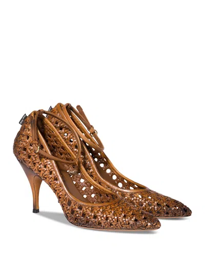 Miu Miu 80 Woven Leather Pointed Pumps In Brown