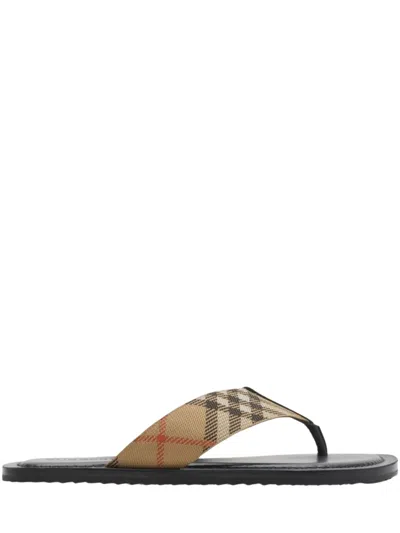 Burberry Men Embroidered Fabric Pavilion Thong Slippers In Brown