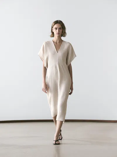 Massimo Dutti Lightweight Short Sleeve Linen Midi Dress In Neutral