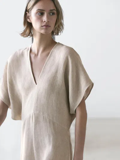 Massimo Dutti Lightweight Short Sleeve Linen Midi Dress In Neutral