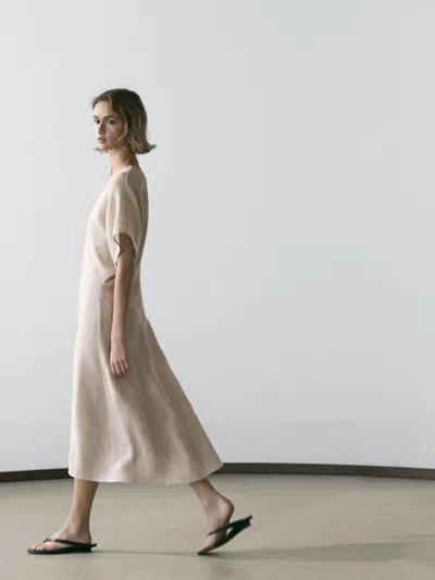 Massimo Dutti Lightweight Short Sleeve Linen Midi Dress In Neutral
