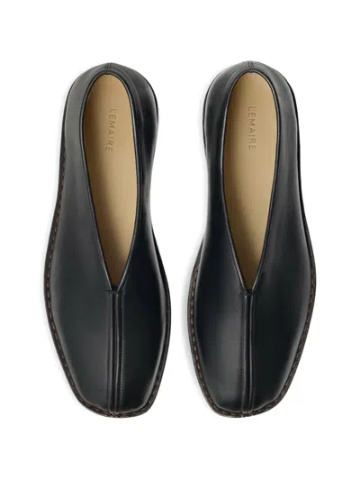 Lemaire Leather Loafers Square Toe Seam Detailing In Black