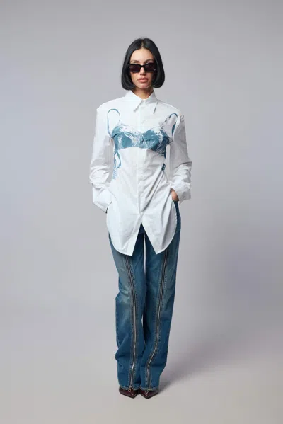 Jean Paul Gaultier Womens White Blue Grey Scanned Bra Stretch-cotton Shirt