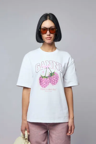 Ganni Cotton Crew Neck Graphic Print T-shirt In White