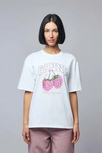 Ganni Cotton Crew Neck Graphic Print T-shirt In White