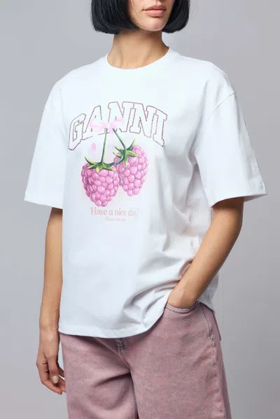 Ganni Cotton Crew Neck Graphic Print T-shirt In White