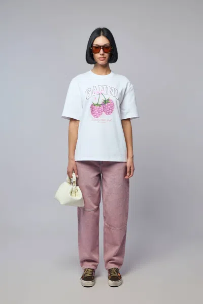 Ganni Cotton Crew Neck Graphic Print T-shirt In White