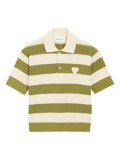 Ami Alexandre Mattiussi Ami Paris Ami De Coeur Striped Cotton Knit Polo Shirt In Brown