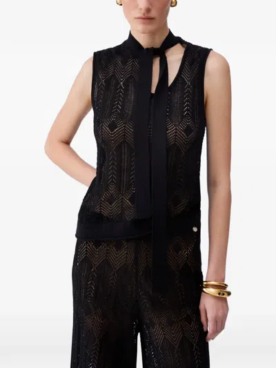Liu •jo Openwork Bow-collar Knit Top In Black