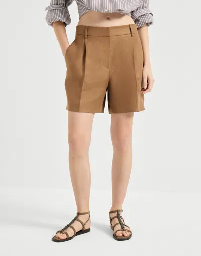 Brunello Cucinelli Pleated Linen-twill Shorts In Brown