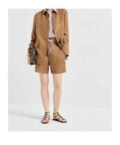 Brunello Cucinelli Pleated Linen-twill Shorts In Brown