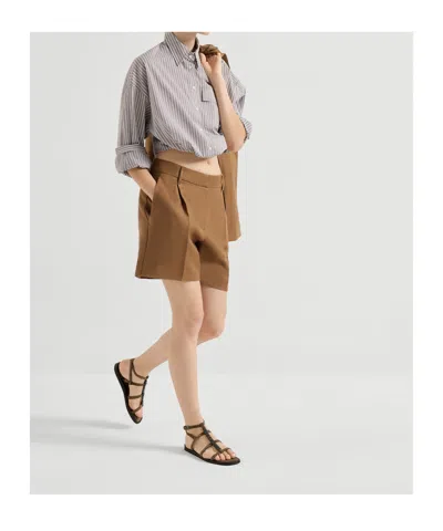 Brunello Cucinelli Pleated Linen-twill Shorts In Brown