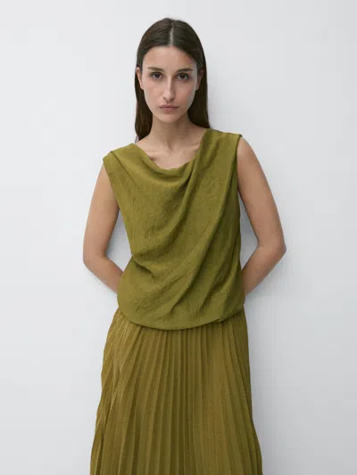 Massimo Dutti Long Matching Dress With Pleated Detail In Green
