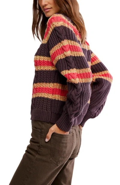 Free People Frankie Cable Striped Pullover In Chocolate Combo In Brown