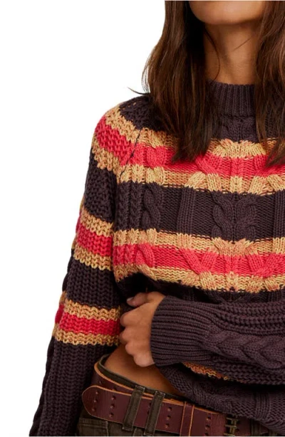 Free People Frankie Cable Striped Pullover In Chocolate Combo In Brown