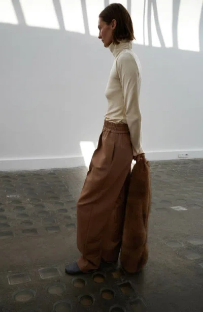 Mango Selection Elastic Waist Straight Leg Wool Pants In Brown