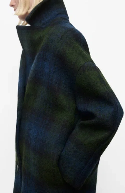 Mango Check Print Oversize Coat In Blue