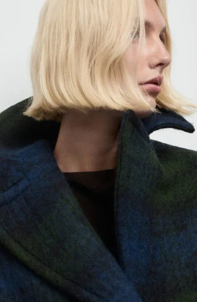 Mango Check Print Oversize Coat In Blue