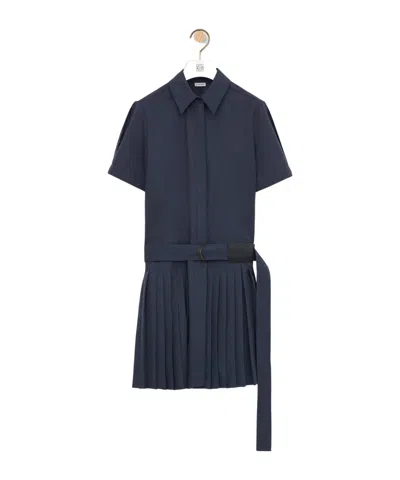 Loewe Structured Cotton-blend Gabardine Button-front Short Dress With Pleated Skirt And D-ring Belt In Blue