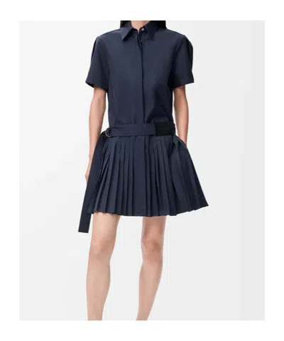 Loewe Structured Cotton-blend Gabardine Button-front Short Dress With Pleated Skirt And D-ring Belt In Blue