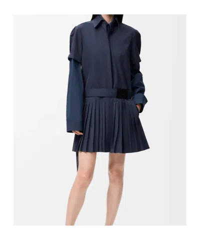 Loewe Structured Cotton-blend Gabardine Button-front Short Dress With Pleated Skirt And D-ring Belt In Blue
