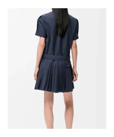 Loewe Structured Cotton-blend Gabardine Button-front Short Dress With Pleated Skirt And D-ring Belt In Blue