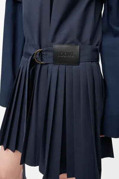 Loewe Structured Cotton-blend Gabardine Button-front Short Dress With Pleated Skirt And D-ring Belt In Blue