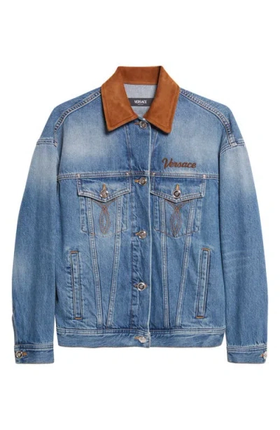 Versace Cotton Denim Jacket Long Sleeves Contrast Collar In Blue