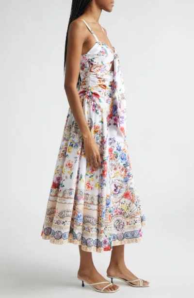 Camilla Ballerina Tie-detailed Cutout Ruched Floral-print Cotton-blend Midi Dress In Multi