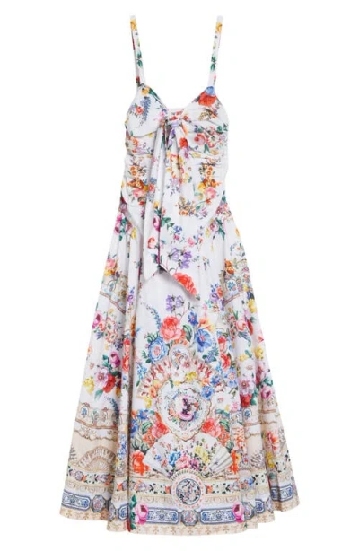 Camilla Ballerina Tie-detailed Cutout Ruched Floral-print Cotton-blend Midi Dress In Multi