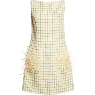 Oscar De La Renta Sequin-embellished Feather-trimmed Checked Cotton-blend Tweed Mini Dress In Yellow