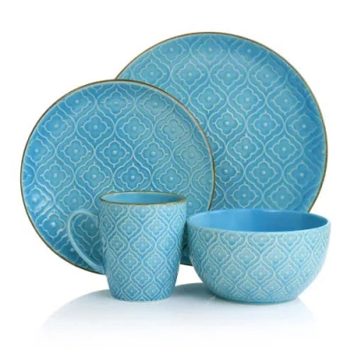 Elama Aqualite 16 Piece Embossed Stoneware Dinnerware Set In Blue