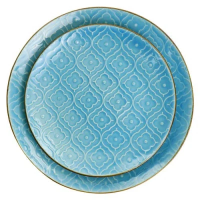 Elama Aqualite 16 Piece Embossed Stoneware Dinnerware Set In Blue