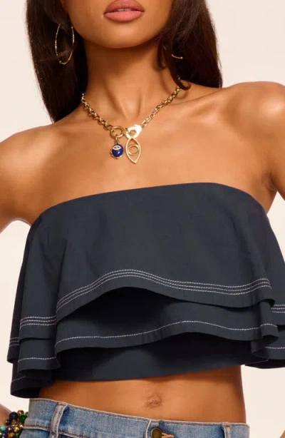 Ramy Brook Poppy Poplin Tiered Crop Top In Navy In Blue