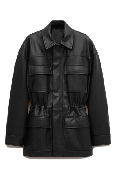 Mango Leather Coat In Black