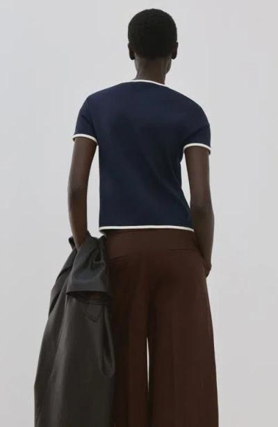 Mango Piped Trim Cotton Button-up Top In Blue