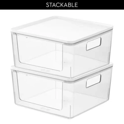 Idesign Stackable Open-front Bins With Lid, Set Of 3, Clear/white In Transparent