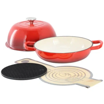 Megachef 6 Quart Enameled Cast Iron Bread Pot In Red With Baking Mat In Red