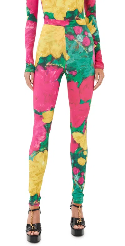 Balmain Jersey Leggings Roses Print Logo Detail In Multi
