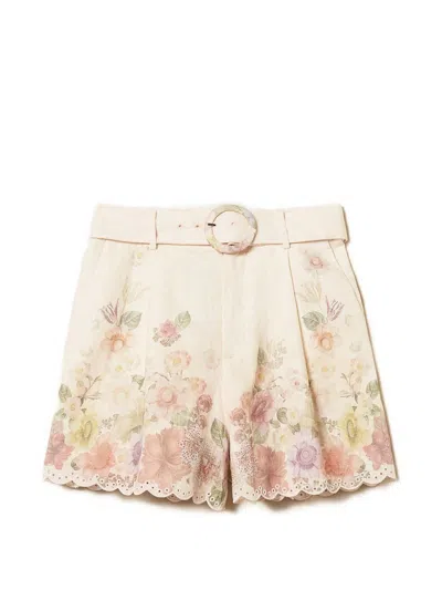 Twinset Beige Shorts With Floral Print And Waist Belt In Linen Woman In Neutral