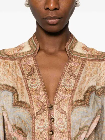 Zimmermann Wanderlust Multicolor Long Dress With V Neck And All-over Paisley Motif In Linen Woman In Multi