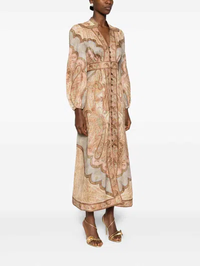 Zimmermann Wanderlust Multicolor Long Dress With V Neck And All-over Paisley Motif In Linen Woman In Multi