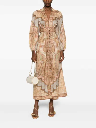 Zimmermann Wanderlust Multicolor Long Dress With V Neck And All-over Paisley Motif In Linen Woman In Multi