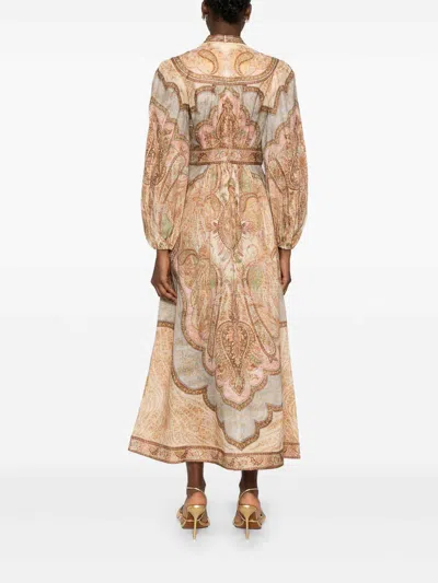Zimmermann Wanderlust Multicolor Long Dress With V Neck And All-over Paisley Motif In Linen Woman In Multi