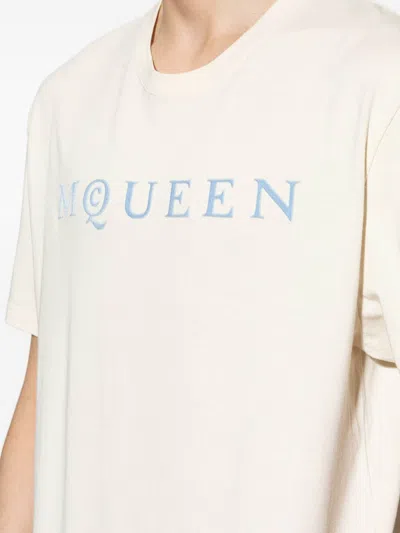 Alexander Mcqueen Men Cotton T-shirt With A Flocked Logo Printed In White