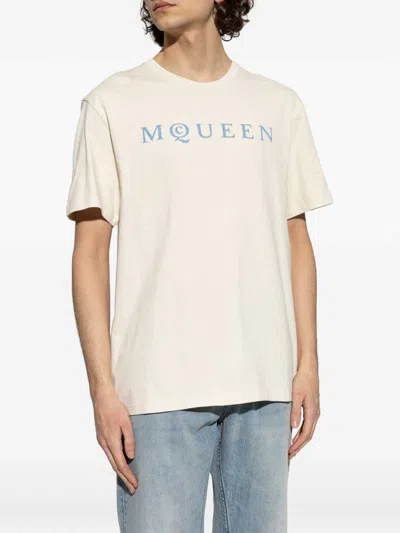 Alexander Mcqueen Men Cotton T-shirt With A Flocked Logo Printed In White