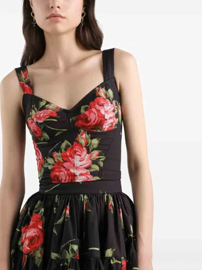 Dolce & Gabbana Top Nero In Seta Con Stampa Floreale Dolce E Gabbana In Multi