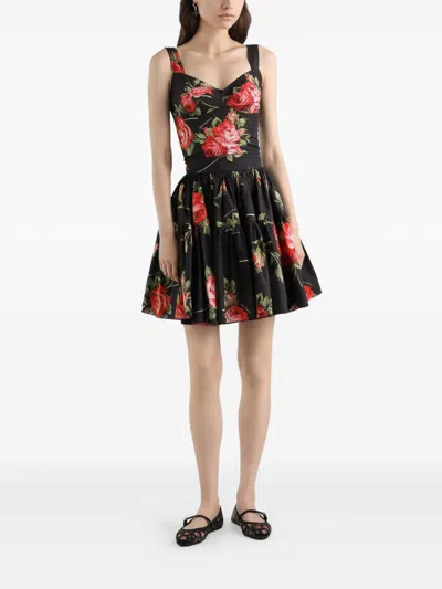 Dolce & Gabbana Top Nero In Seta Con Stampa Floreale Dolce E Gabbana In Multi